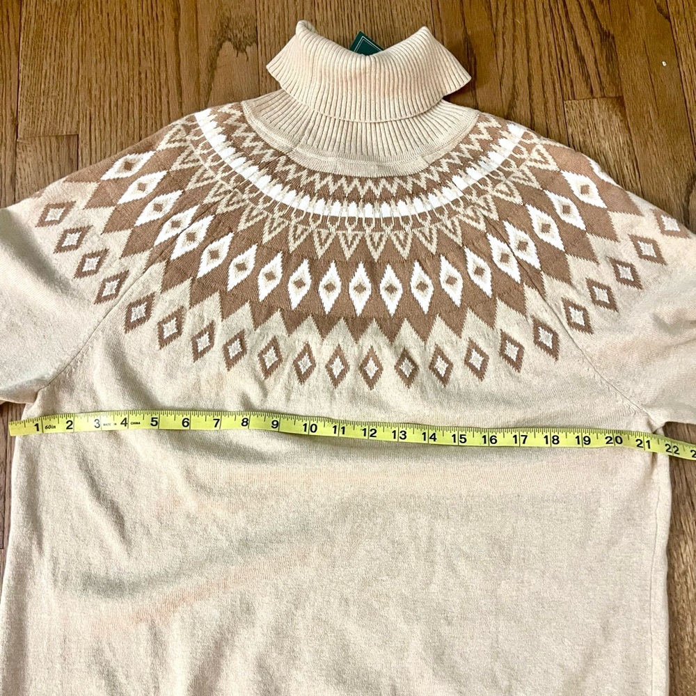 L.L. Bean Cream and Brown Fair Isle turtleneck Sweater NWT Cotton/Cashmere - Picture 4 of 4